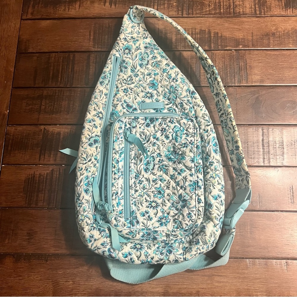 Vera Bradley Cloud Vine Sling Backpack Large Blue White Floral